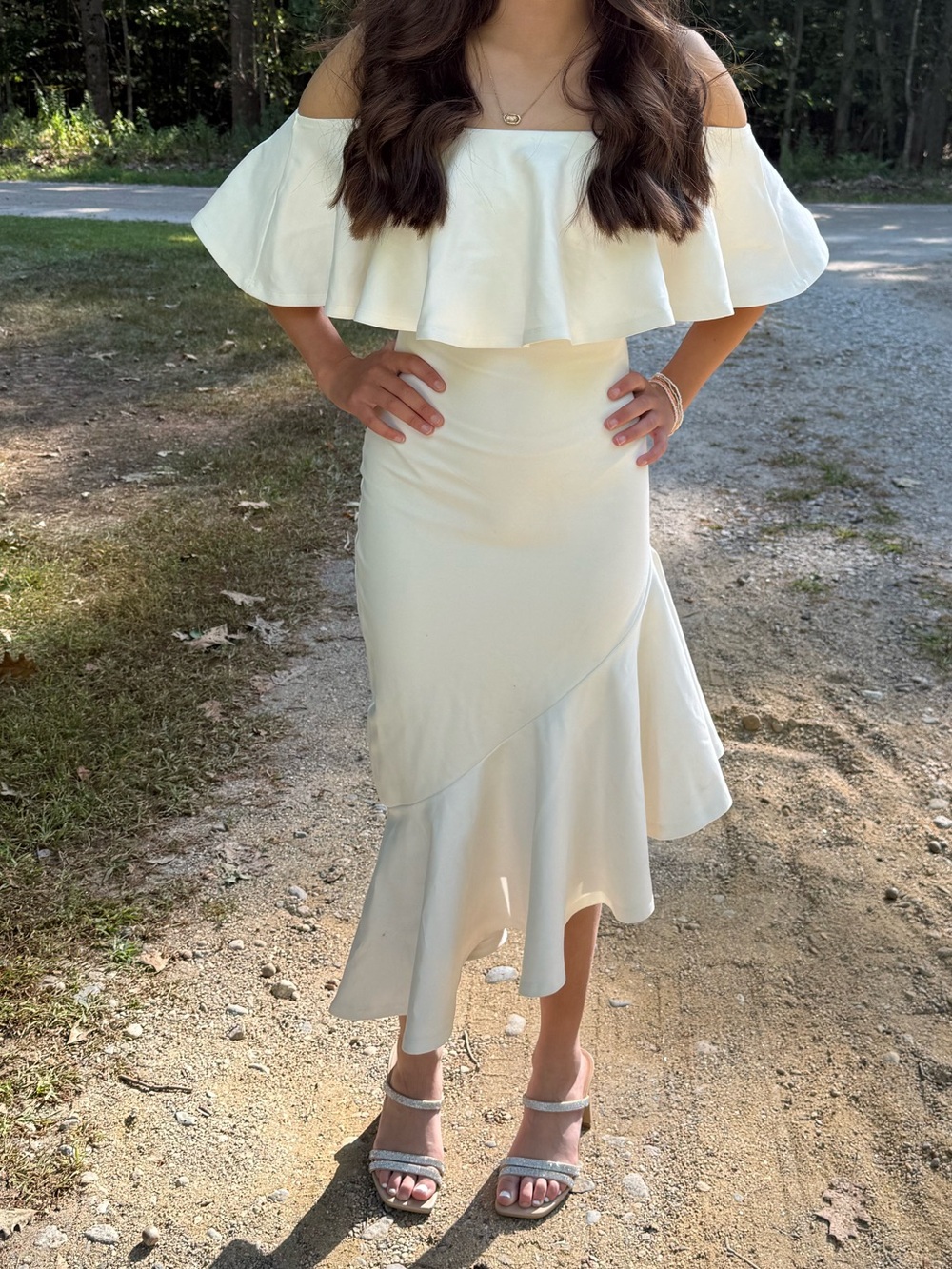 Lulu's Cream Off-Shoulder Ruffle Midi Dress